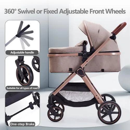 Vista 6 de Lortsybab Cochecito de bebé 2 en 1, cochecito convertible para bebés de 0 a 36 meses (beige)