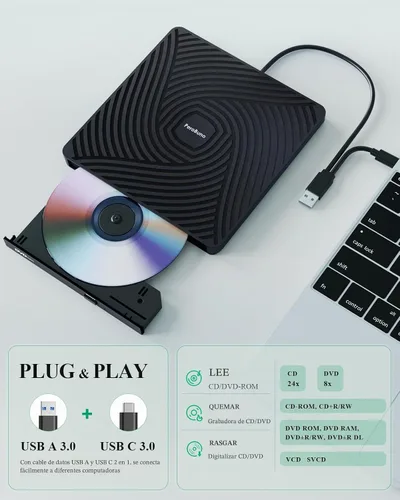 Vista 3 de PeroBuno Unidad externa de CD DVD, unidad óptica USB 3.0 tipo C, lector de discos CD ROM DVD ultradelgado de 0.5 pulgadas, portátil