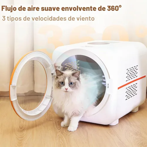 Vista 3 de Caja secadora para mascotas con LED, 30 millones de iones negativos y multifunción, automático eficiente de 360° y caja completa para gatos, perros