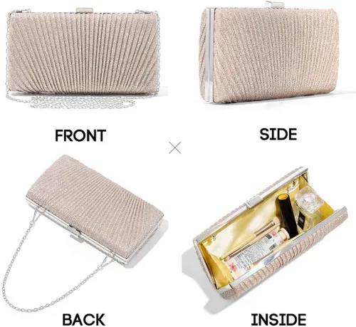 Vista 3 de Yokawe Bolso de noche para mujer, con purpurina dorada, plisado, para novia, boda, fiesta, baile de graduación