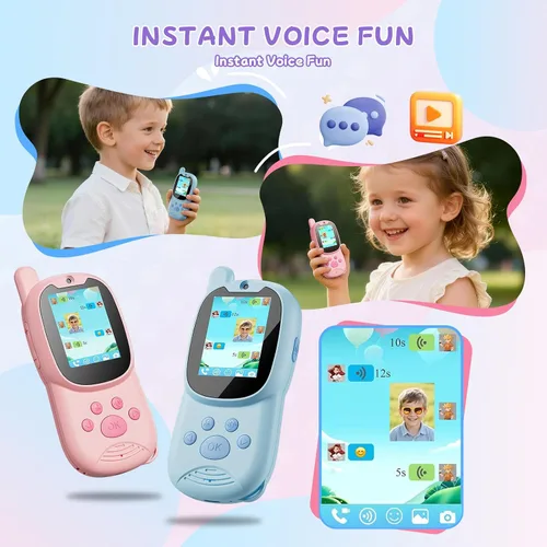 Vista 3 de Walkie Talkies de video para niños con cámara y video chat, largo alcance 1000 pies, recargable, Walkie Talkie para niños con filtros de calcomanías