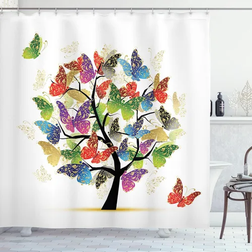 Vista 63 de Ambesonne Decor Collection, juego de cortina con ganchos para regadera Amarillo y marrón