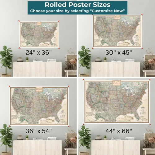 Vista 3 de Póster de lienzo enrollado personalizado con mapa de EE.UU. como arte de pared con chinchetas – Mapa ejecutivo grande de 24" x 36" de EE.UU.
