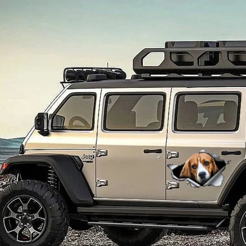 Vista 4 de Calcomanía de vinilo 3D para auto con diseño de beagle, calcomanías impermeables para auto con diseño de perro, decoración con diseño de animales