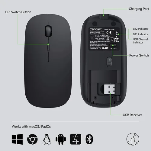 Vista 7 de TECKNET Ratón inalámbrico Bluetooth para laptop, mouse silencioso recargable (Bluetooth 5.2/3.0 y 2.4G), ultrafino, 6 niveles ajustables 4800 DPI