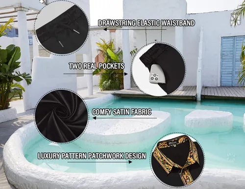 Vista 4 de Conjunto de camisa hawaiana y pantalón corto para hombre, conjunto de 2 piezas, estampado de lujo, casual, con botones, manga corta, camisa de satén