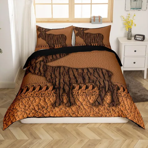 Vista 44 de Funda de edredón de cabaña marrón retro, juego de ropa de cama de retazos con diseño de oso del bosque, ciervos para cabaña rústica, funda de Multi