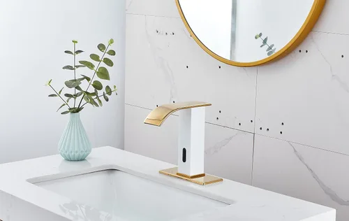 Vista 2 de Grifo automático para lavabo de baño sin contacto con cascada blanca y dorada, sensor de movimiento electrónico con tapón de drenaje desplegable