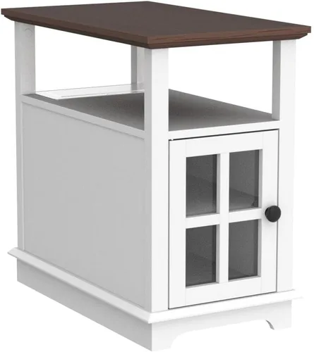 Vista 5 de HIFYOBRO Mesa auxiliar estrecha con estación de carga abatible, mesa auxiliar de almacenamiento, puerto tipo C y USB y estante ajustable, mesa Blanco