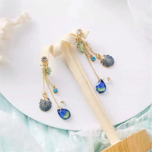 Vista 7 de Damleng - Pendientes largos con borla y concha de océano brillantes para mujer y niña