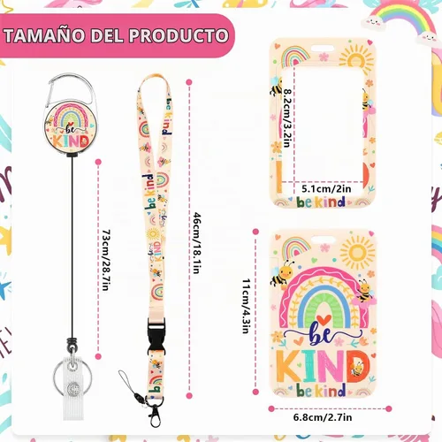 Vista 2 de Be Kind - Cordón con soporte para tarjetas, soporte para tarjetas de arcoíris con carrete retráctil para insignias, cordón desmontable y lindo
