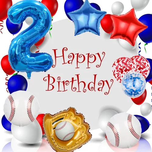 Vista 5 de Globos de béisbol de papel de aluminio para decoración de cumpleaños, globos con el número 2, globos de confeti de estrella roja y azul