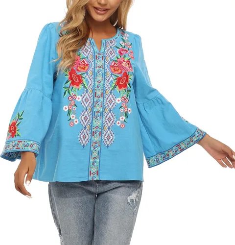 Vista 3 de YZXDORWJ Blusa casual mexicana campesina con volantes y mangas acampanadas para mujer, talla extra grande, talla XXL