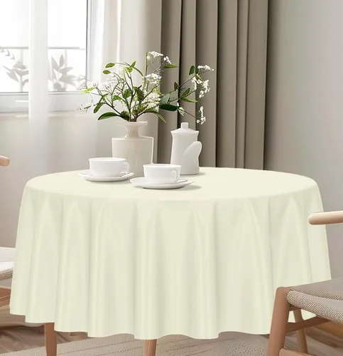 Vista 6 de HEIPINIUYE - Paquete de 2 manteles redondos de 84 pulgadas de plástico beige, manteles de mesa impermeables desechables para redondas, ideales