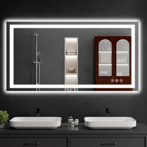 Vista 17 de Espejo de baño LED de 30 x 48 pulgadas con luces, regulable, antivaho, espejo de tocador de baño para pared, retroiluminado + luz frontal, función