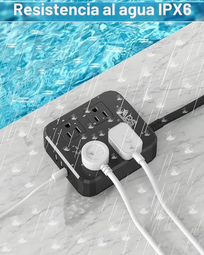 Vista 3 de Regleta de alimentación para exteriores resistente a la intemperie, impermeable, con 4 salidas anchas y 3 puertos USB, cable de extensión de 6 pies