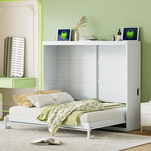 Vista 12 de Cama Murphy de tamaño matrimonial con estación de carga, marco de cama de pared de madera que ahorra espacio se puede plegar, armario de cama cubo