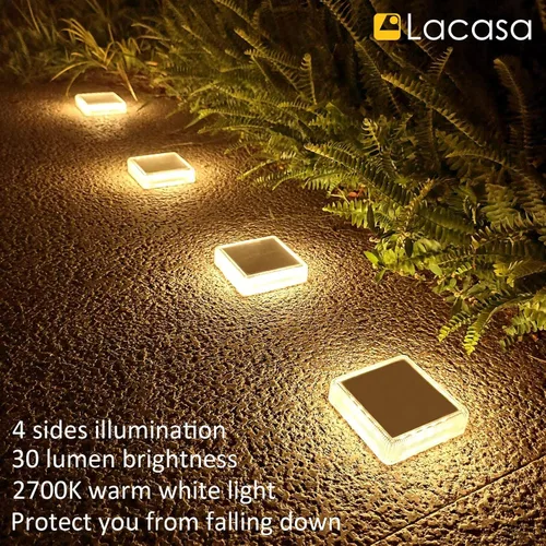 Vista 5 de Lacasa – Luces de terraza solares, paquete de 4 luces LED de 30LM para muelle, blanco cálido 2700K, luces de escalones exteriores alimentadas por