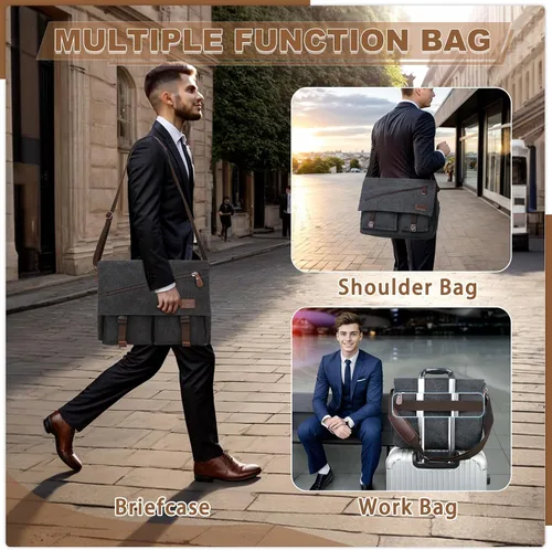 Vista 6 de RAVUO Bolso de mensajero para hombre, bolsa de lona resistente al agua de 14, 15.6, 17 pulgadas, maletines para laptop, bolsa de hombro para negocios