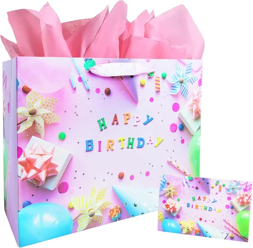 Vista 9 de LivebyCare Bolsas grandes de regalo de cumpleaños de 13 pulgadas con papel de seda y tarjeta, perfectas para bolsas de regalo para bebés, niños