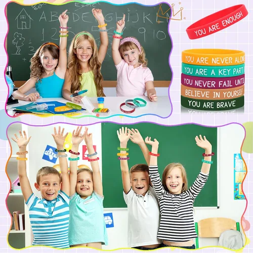 Vista 6 de JUNEBRUSHS 64 piezas de pulseras de silicona motivacionales a granel, pulseras de goma coloridas e inspiradoras, unisex para estudiantes, maestros
