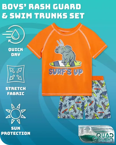 Vista 2 de Quad Seven Conjunto de natación para niños pequeños, traje de baño de 4 piezas y camiseta de protección de manga corta para niños (tamaños 12M-7)