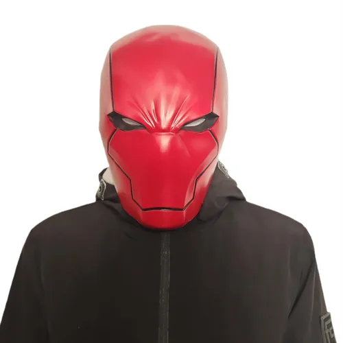 Vista 2 de Máscara de cabeza completa de látex rojo, casco de cosplay de ojos de malla