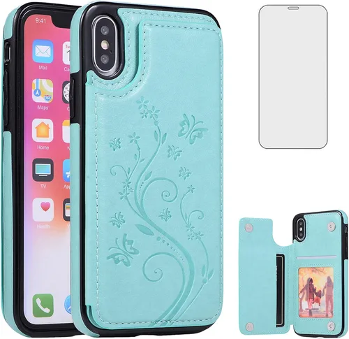 Vista 12 de Funda de teléfono para iPhone Xs X 10 10s con protector de pantalla de vidrio templado, tarjetero con soporte para tarjetero, funda de cuero