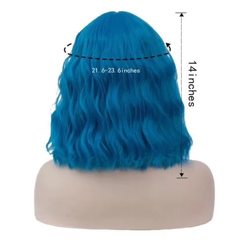 Vista 5 de Cying Lin Peluca corta ondulada y rizada con flequillo azul para mujer, peluca para cosplay, Halloween, resistente al calor, peluca de fiesta