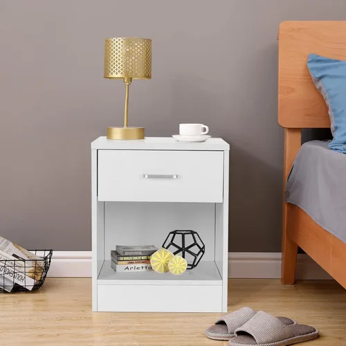 Vista 2 de Juego de 2 mesitas de noche para dormitorios, mesita de noche moderna con cajones, mesa auxiliar de madera para espacios pequeños, sala de estar