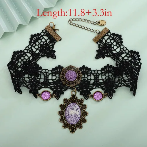Vista 4 de Elegante gótico gótico steampunk encaje negro camafeo púrpura flor colgante victoriano tatuaje gargantilla dama camafeo collar para mujeres niñas