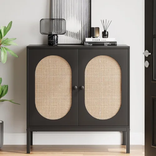 Vista 3 de IDEALHOUSE Gabinete de buffet, armario de almacenamiento de ratán con puertas y estantes, aparador de armario, armario de consola de madera