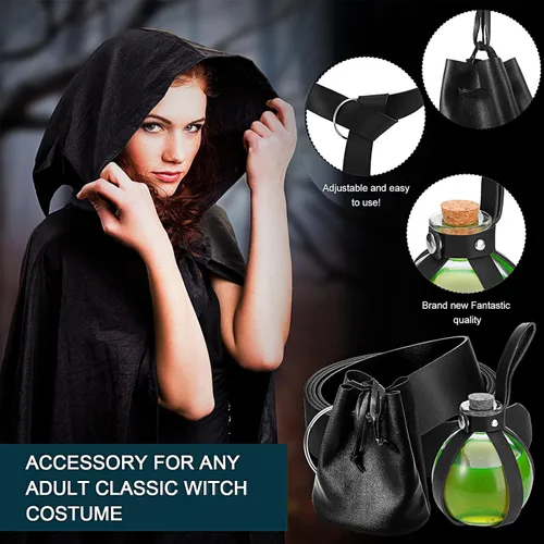 Vista 6 de Sintege Juego de accesorios de Halloween, botella de poción oscura con cinturón de cuero medieval de corcho, bolsa de cuero medicinal con cordón