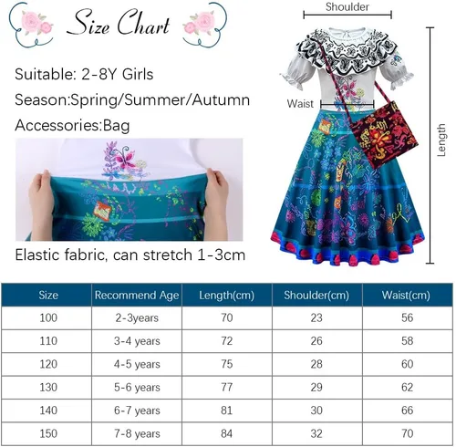Vista 6 de URAQT Mirabel - Vestido de disfraz 2022, fantástico vestido Mirabel para niñas con bolsa, vestido de princesa Madrigal para niña