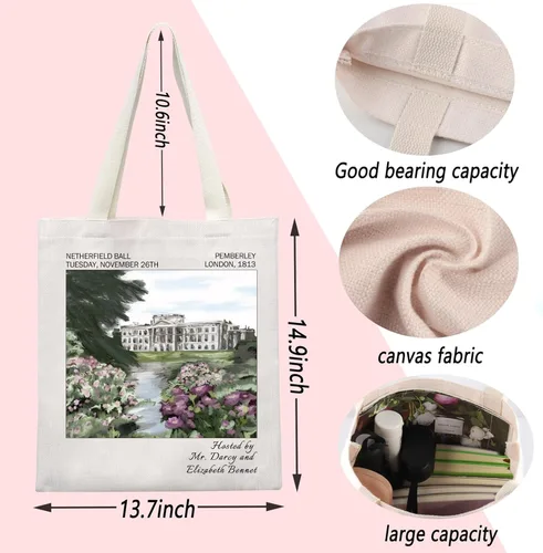 Vista 2 de ENSIANTH Funda de libro de Pride Reader con cremallera para regalo para amantes de los libros de prejuicios de JA Novelist (bolsa de paseo)