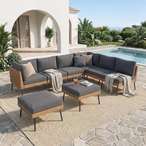 Vista 18 de Aoxun Juego de muebles de patio de 7 piezas con mesa auxiliar, color beige Muebles de mimbre para exteriores con cojines gruesos resistentes al