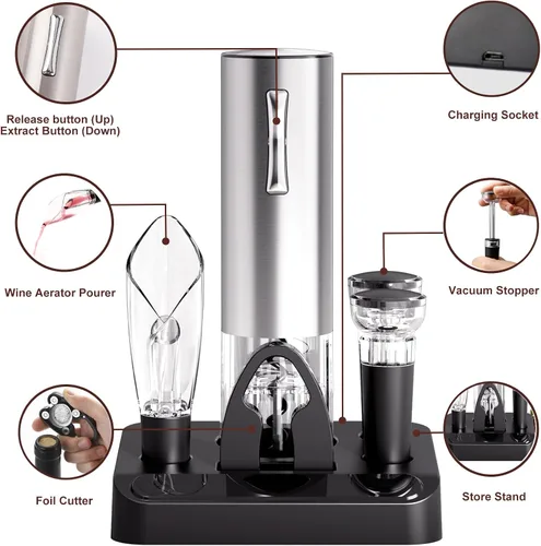 Vista 2 de COKUNST Juego de abridor de vino eléctrico con soporte, sacacorchos con carga USB, abrebotellas inalámbrico recargable de un clic con vertedor