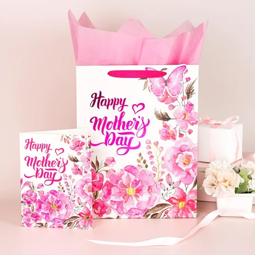 Vista 5 de LeZakaa Bolsa de regalo para el día de la madre, letras del día de la madre, diseño floral rosa, mariposa y papel de aluminio rosa, bolsa de regalo