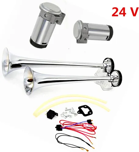 Vista 2 de Bocina de aire del coche 165DB tono alto y bajo 24 V doble tubo trompeta camión plata cromo zinc auto con dos bombas de compresor para barco