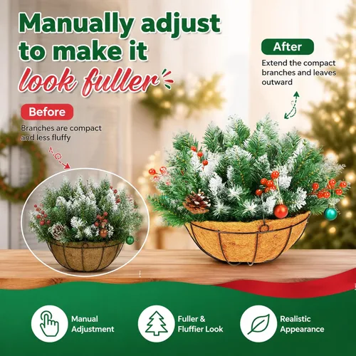 Vista 3 de Cesta colgante de Navidad artificial de 20 pulgadas, paquete de 2 2 cestas de flores de Navidad