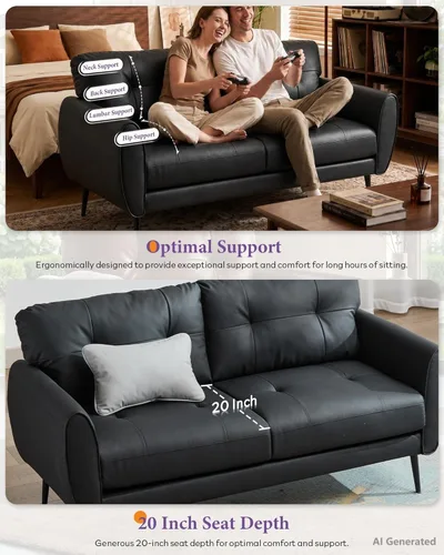 Vista 4 de TYBOATLE Sofá de sofá de 61 pulgadas de cuero sintético negro, sofá de dos plazas pequeño para sala de estar, sofá de estilo moderno de mediados