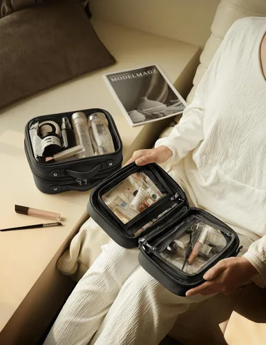 Vista 5 de Bolsa de Cosméticos Transparente de Doble Capa Bolsa de Artículos de Tocador de Viaje Estuche de Maquillaje Transparente con 4 Compartimentos, Bolsa