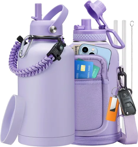 Vista 35 de Botellas de agua de 32 onzas aisladas con pajita y tapa para beber de un sorbo, asa de paracord, bolsa de transporte con correa, termo de triple