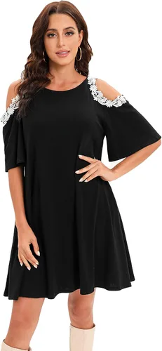Vista 4 de Aofur Summer Cotton Lace Dress Ladies 2023 Cold Sleeve Casual Plus Size S-XXXL Sundress Women Solid Elegant Party Dress