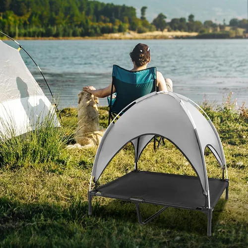 Vista 6 de Cama elevada para perros para exteriores con toldo, cuna elevada para perros con sombra, tienda de campaña impermeable para perros medianos