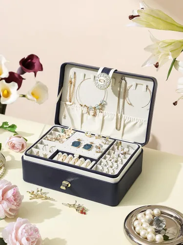 Vista 5 de AOSIFIEL Joyero y organizador para mujeres, adolescentes, niños, aretes, joyero con colgador de collar, caja de joyería de pie de piel sintética