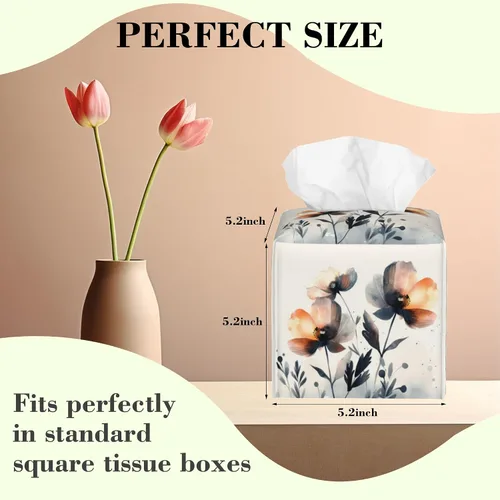 Vista 2 de Caja de pañuelos con diseño floral de amapola marrón con acuarela, diseño de flores abstractas de cuero, soporte decorativo para caja de papel