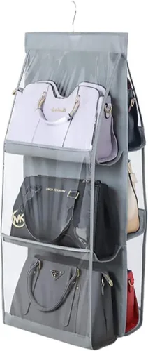 Vista 10 de HAN SHENG Organizador colgante de 6 bolsillos transparente para bolsos y monederos - Estante colgante para ahorrar espacio para clóset, armario