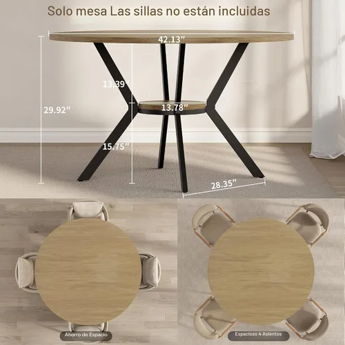Vista 2 de MECHYIN Mesa de comedor redonda de 42 pulgadas para 2 a 4, mesa de cocina redonda de granja con estante de almacenamiento, mesa de comedor