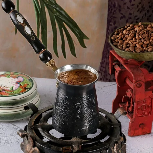 Vista 3 de BCS Cafetera turca griega árabe de cobre de 12 onzas con mango de madera (4 porciones) Cezve Ibrik Briki Cafetera con cuchara de madera